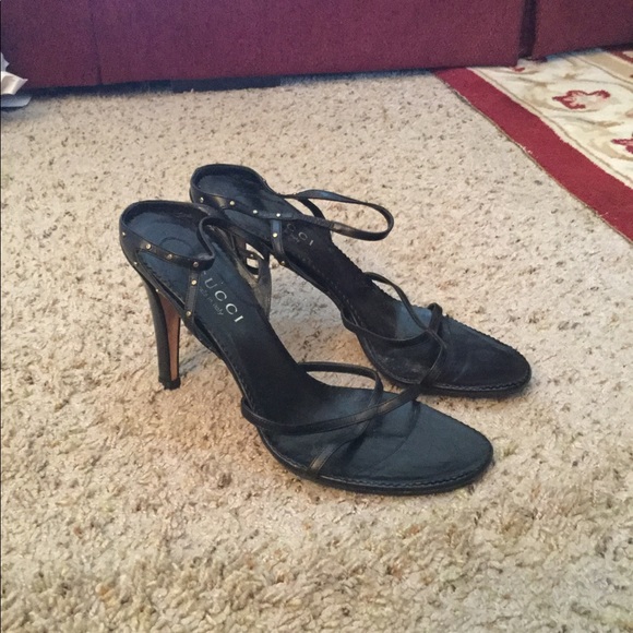 GUCCI STUDDED BLACK LEATHER STRAPPY HEELS SHOES SANDALS, 9 - Picture 2 of 9